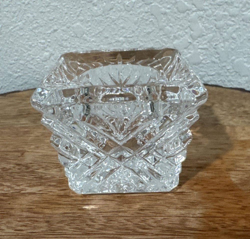 Candle Holder Votive Crystal Clear Glass Square Diamond Crosshatch Pattern